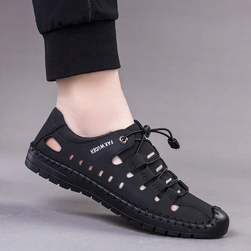 Aviator Wrapped Toe Hollow Leder Sandalen