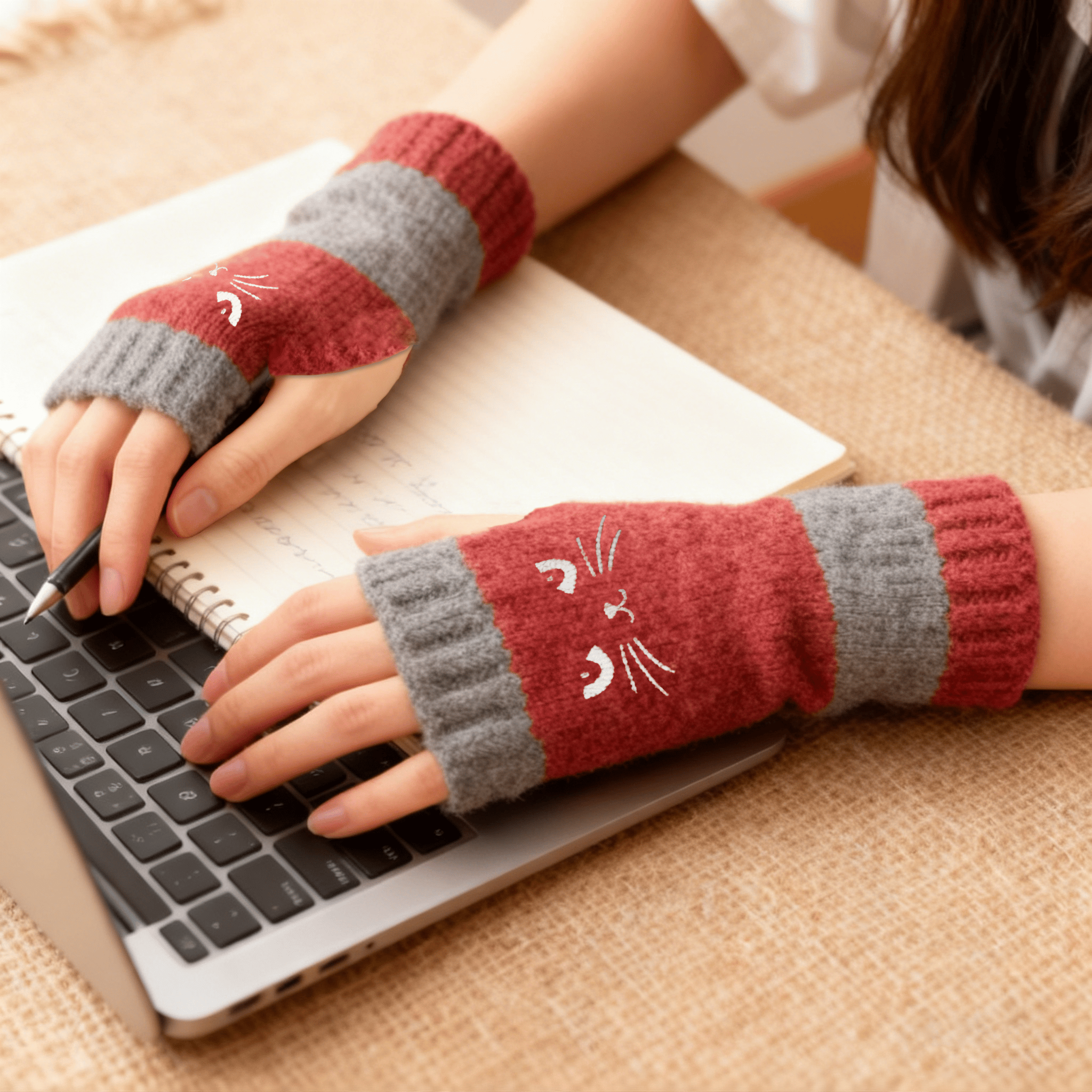 🔥Warm und kuschelig🧤Damen-Strickhandschuhe ohne Finger mit süßem Katzenmuster🐱