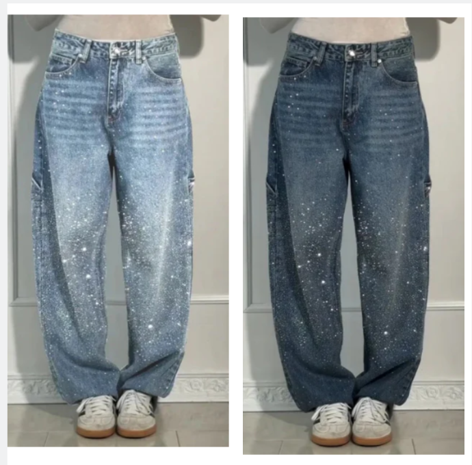 🌸Frühlingsangebote💐 Gerade geschnittene Damenjeans mit Strasssteinen