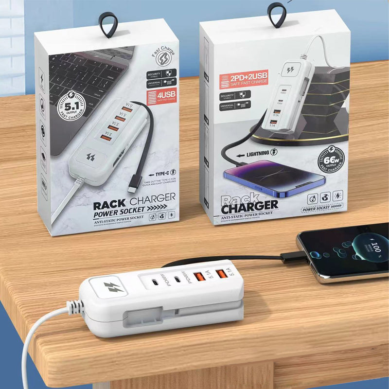 ⚡ 50 % RABATT – Multifunktioneller Schnelllader mit 2PD + 2USB! 🔌📱 66W, Eingebautes Typ-C-Kabel & Sicher Laden für 4 Geräte Gleichzeitig