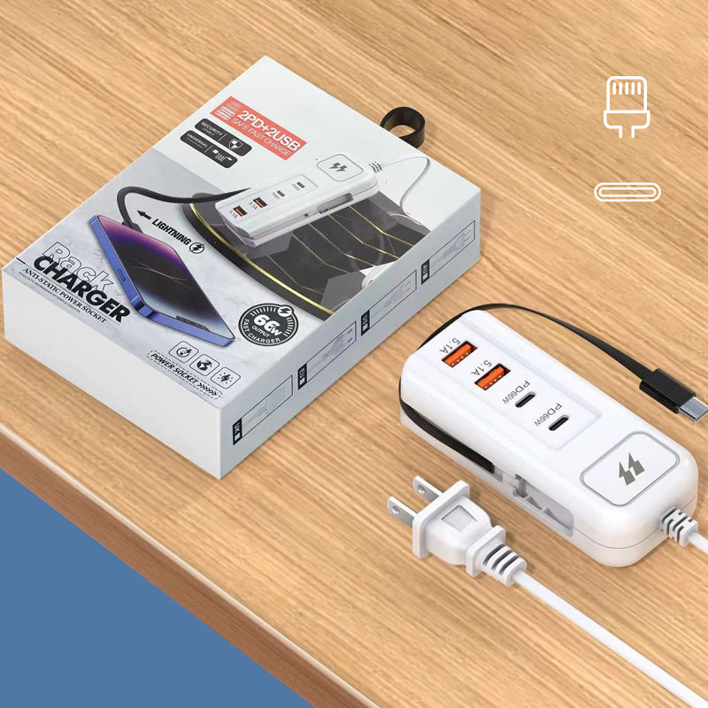 ⚡ 50 % RABATT – Multifunktioneller Schnelllader mit 2PD + 2USB! 🔌📱 66W, Eingebautes Typ-C-Kabel & Sicher Laden für 4 Geräte Gleichzeitig