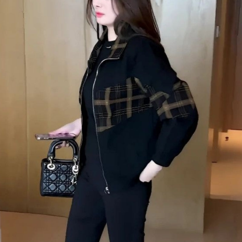 Karierte Patchwork-Jacke mit Reißverschluss für Frauen✨Luxuriöses Gefühl