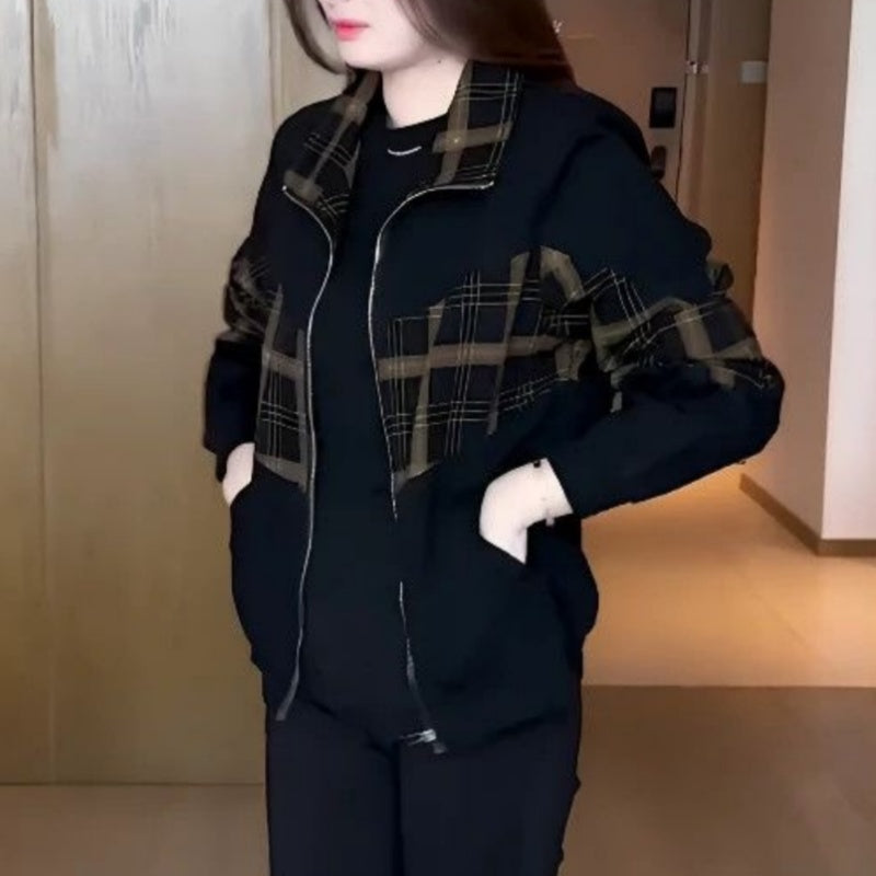 Karierte Patchwork-Jacke mit Reißverschluss für Frauen✨Luxuriöses Gefühl