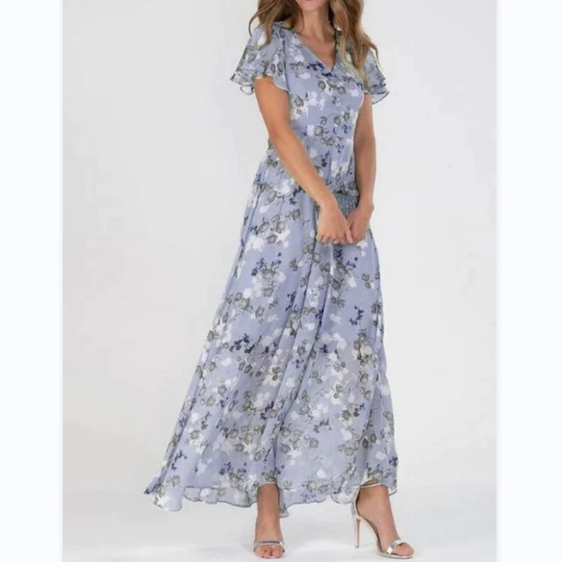 Kurzärmeliges langes Kleid mit Blumendruck