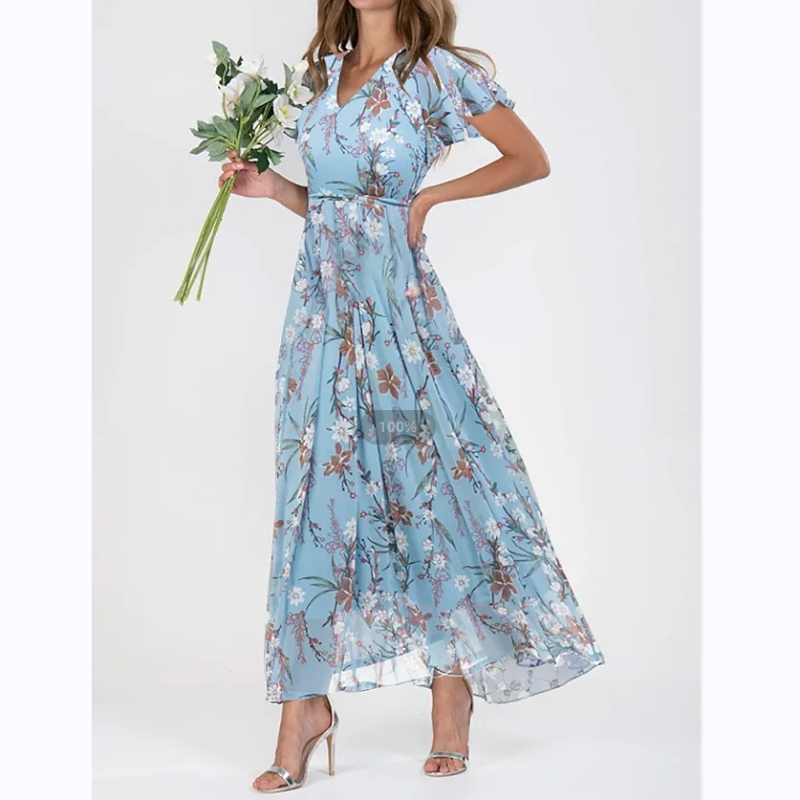 Kurzärmeliges langes Kleid mit Blumendruck