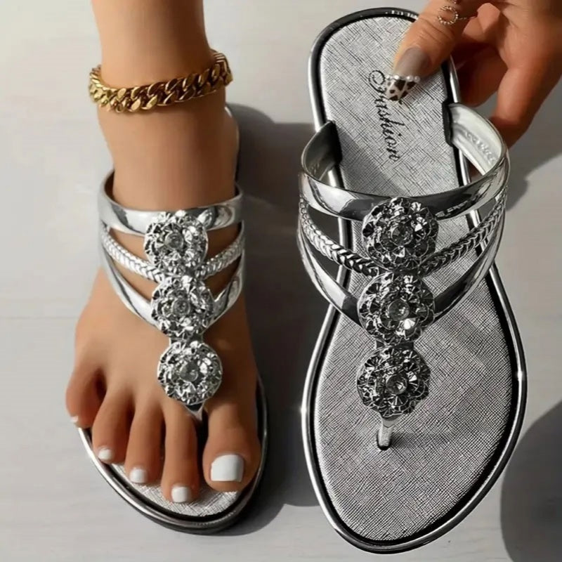 Blumendekorierte flache Freizeitsandalen für Damen