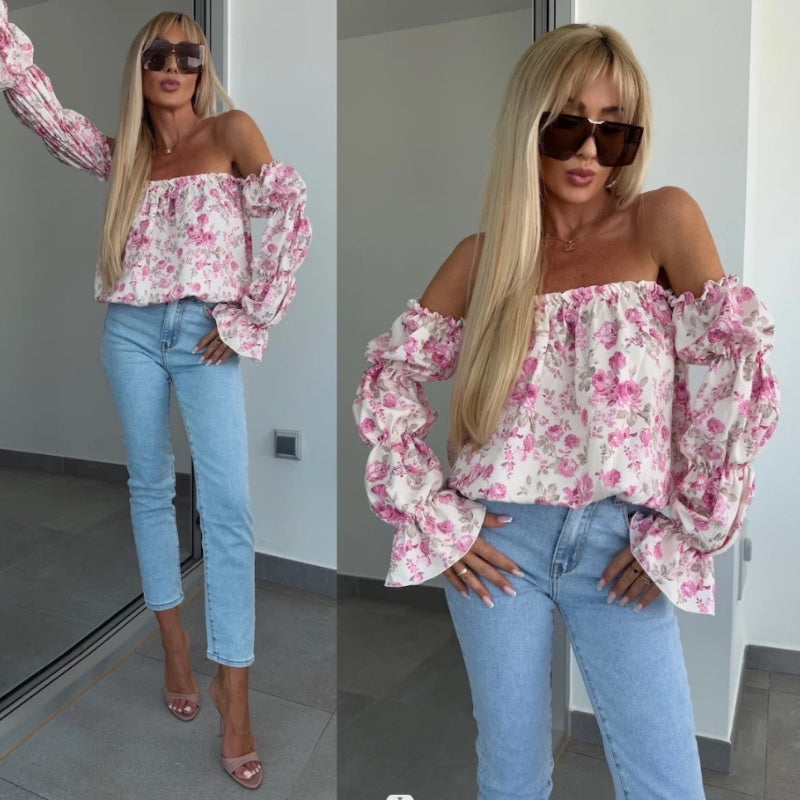 Geblümtes, gesmoktes Off-Shoulder-Top