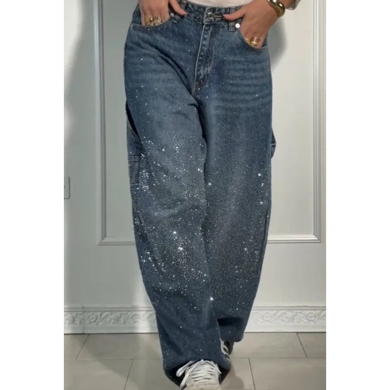 🌸Frühlingsangebote💐 Gerade geschnittene Damenjeans mit Strasssteinen
