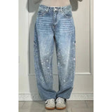 🌸Frühlingsangebote💐 Gerade geschnittene Damenjeans mit Strasssteinen
