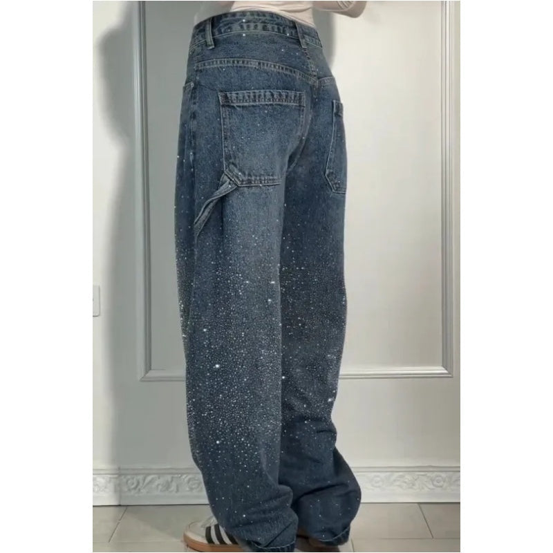 🌸Frühlingsangebote💐 Gerade geschnittene Damenjeans mit Strasssteinen