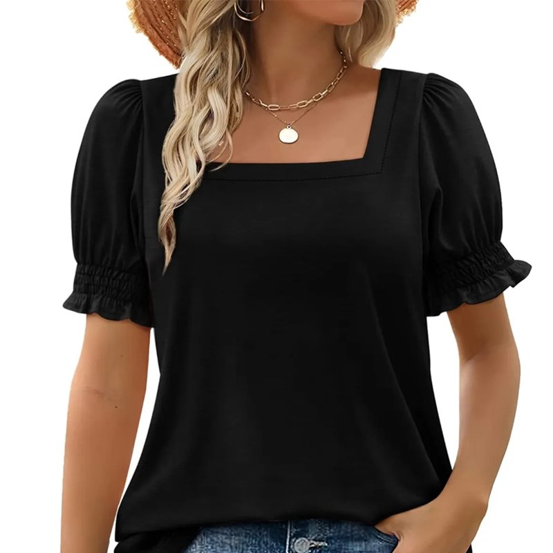 Lässiges T-Shirt mit quadratischem Ausschnitt und gesmokten Ärmeln für Damen