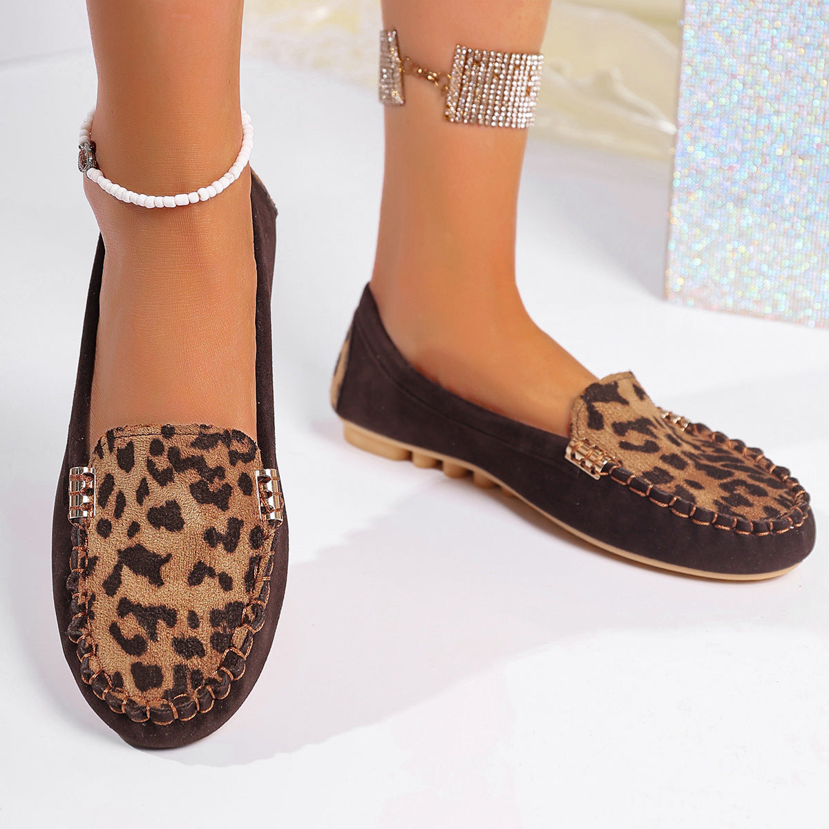 Patchwork-Loafer mit Leopardenmuster für Damen