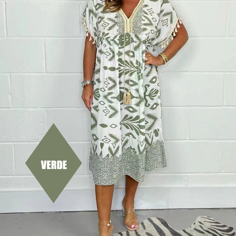 ✨Hot Sale 49% Off🌸Bedrucktes Freizeitkleid mit V-Ausschnitt und Fransen an den kurzen Ärmeln
