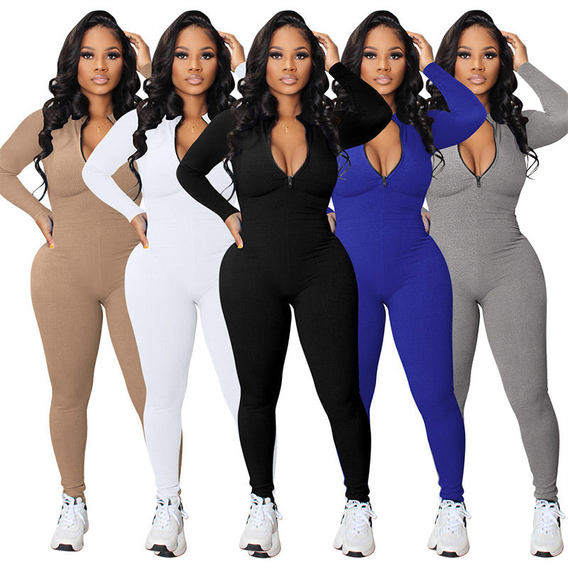 🔥🩱Einfarbiger nahtloser Jumpsuit mit halbem Reißverschluss