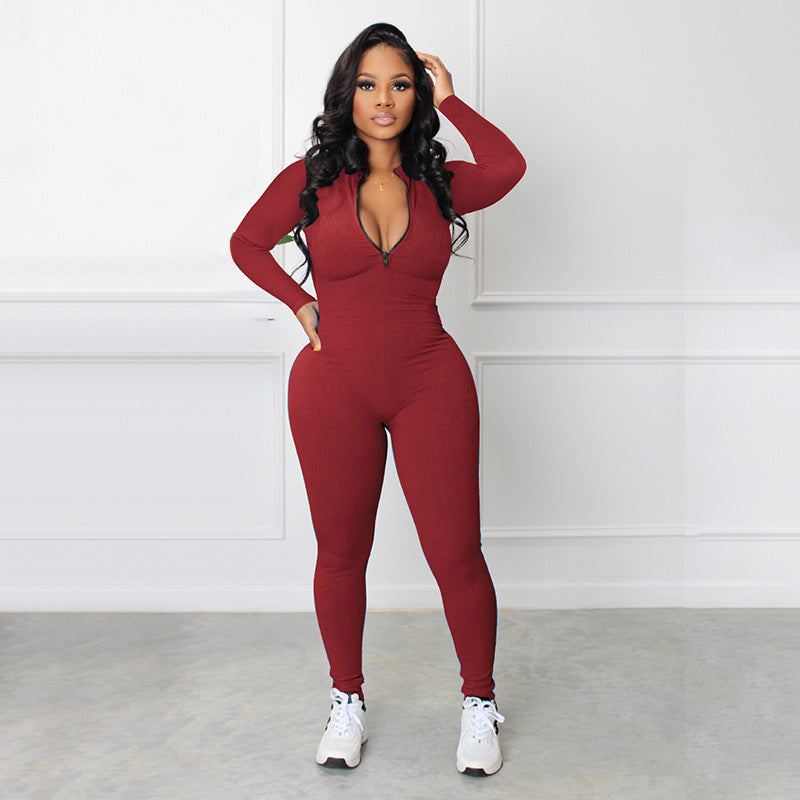 🔥🩱Einfarbiger nahtloser Jumpsuit mit halbem Reißverschluss