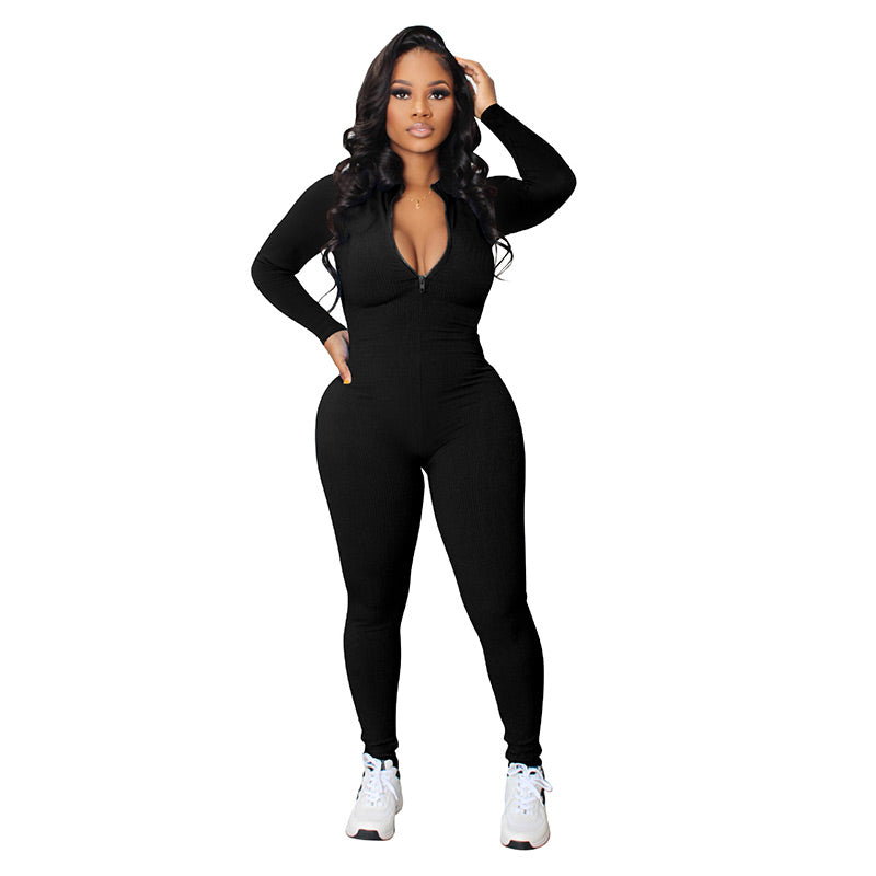 🔥🩱Einfarbiger nahtloser Jumpsuit mit halbem Reißverschluss