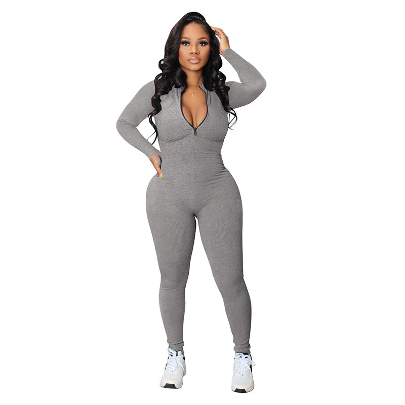 🔥🩱Einfarbiger nahtloser Jumpsuit mit halbem Reißverschluss