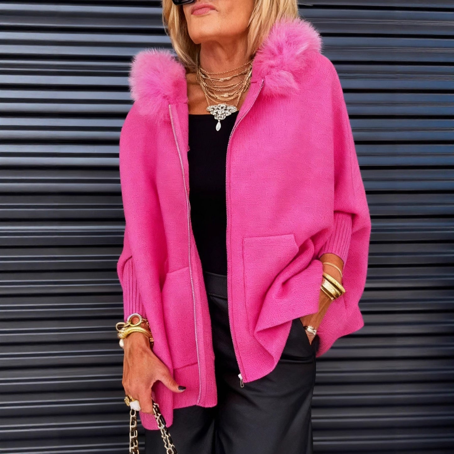 🧥 50% korting – Dames Winterjas met Bontkraag: Warm, Glamoureus & Flatterend in Felle Roze! ✨🌸