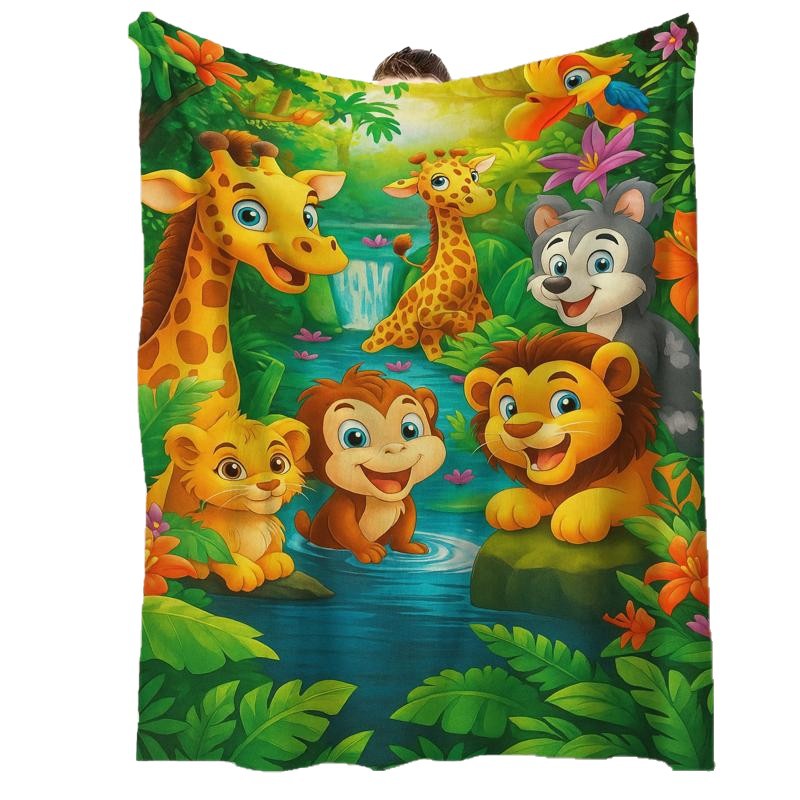 Kuschelige Flanell­decke mit Cartoon-Dschungelmotiv